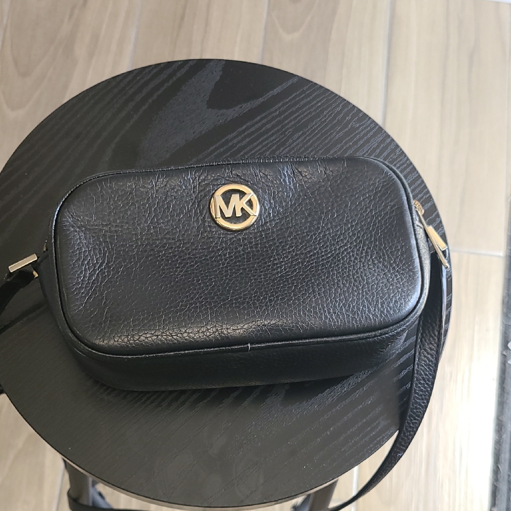 Michael Kors Black Pebbled Leather Crossbody Wristlet with Gold MK Emblem